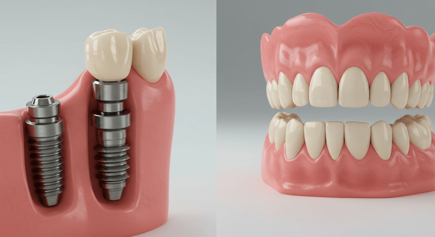 Comparison of dental implants and dentures, showing a close-up of an implanted tooth and a set of removable dentures.